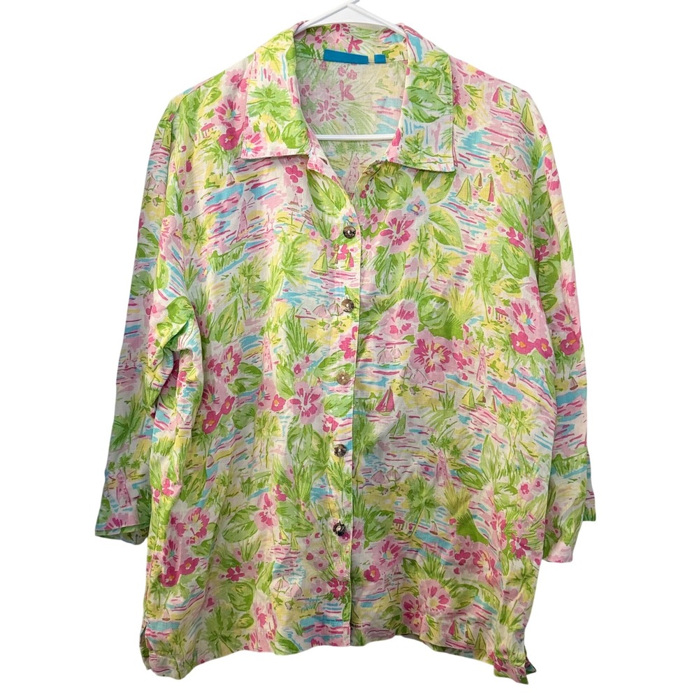 Cotton Connection‎ Tropical Floral Linen Button Down Shirt Women's L Resortwear